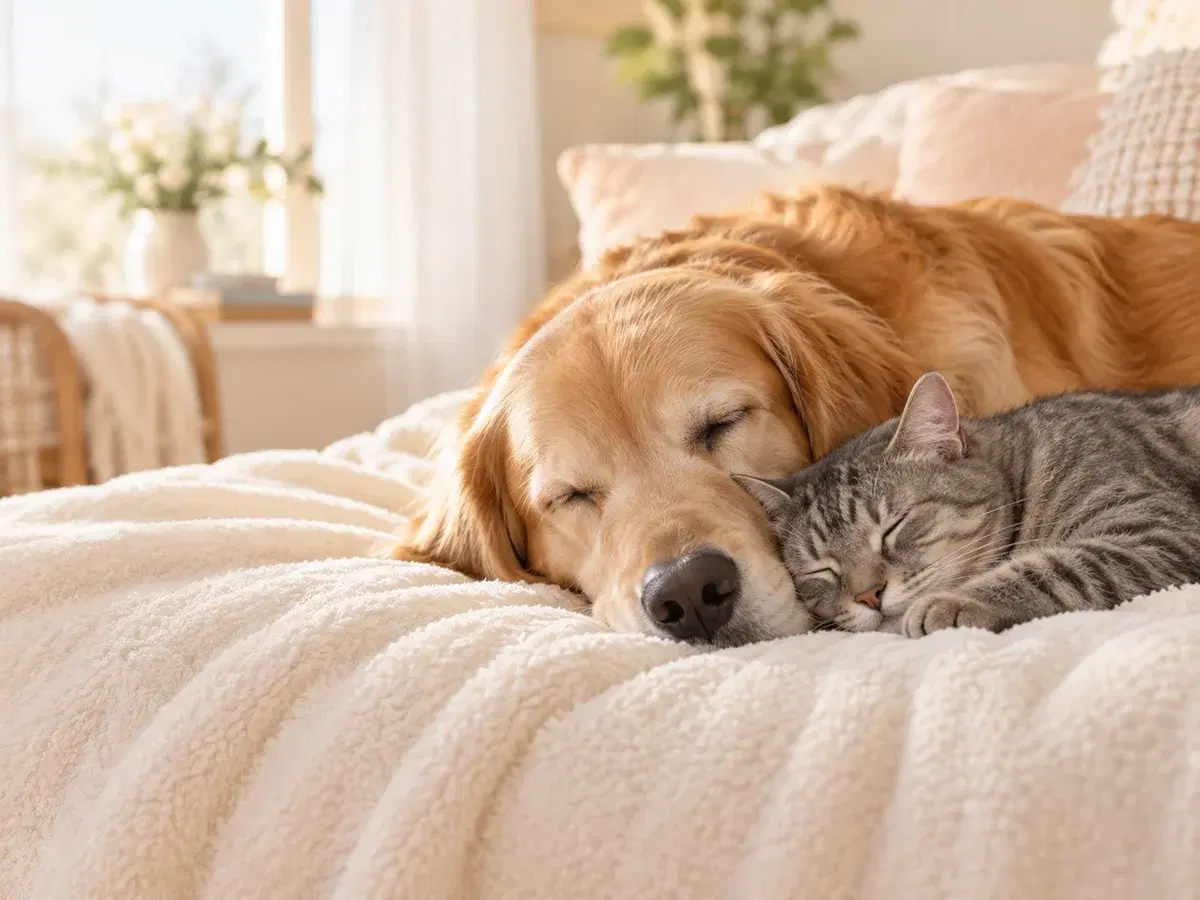 Golden retriever and tabby cat sleeping together