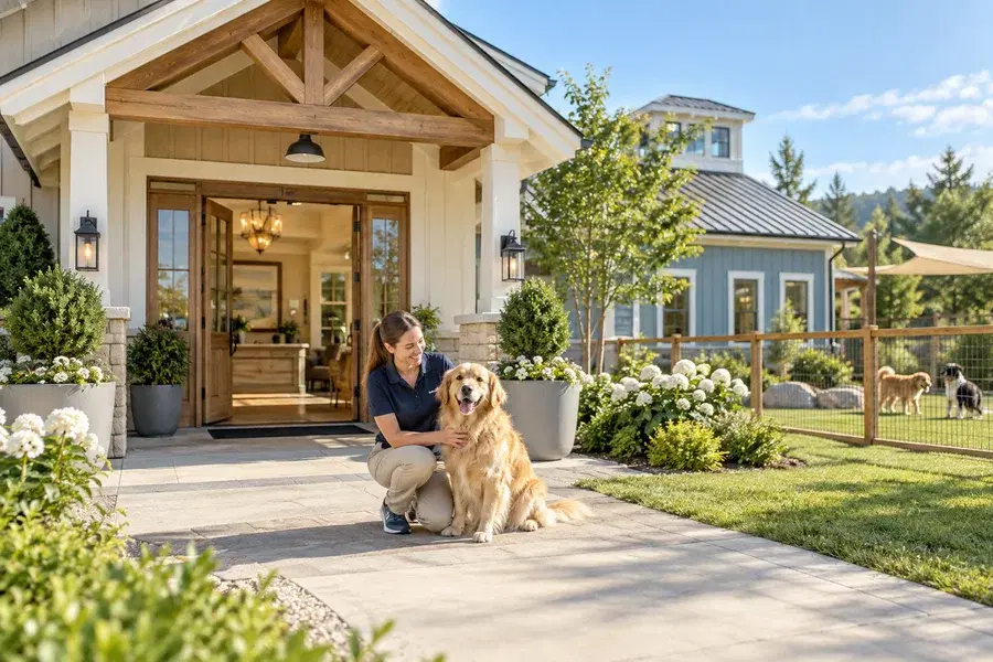 Welcoming pet boarding lodge with a golden retriever