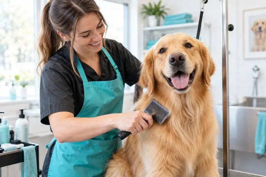 Professional groomer brushing a golden retriever