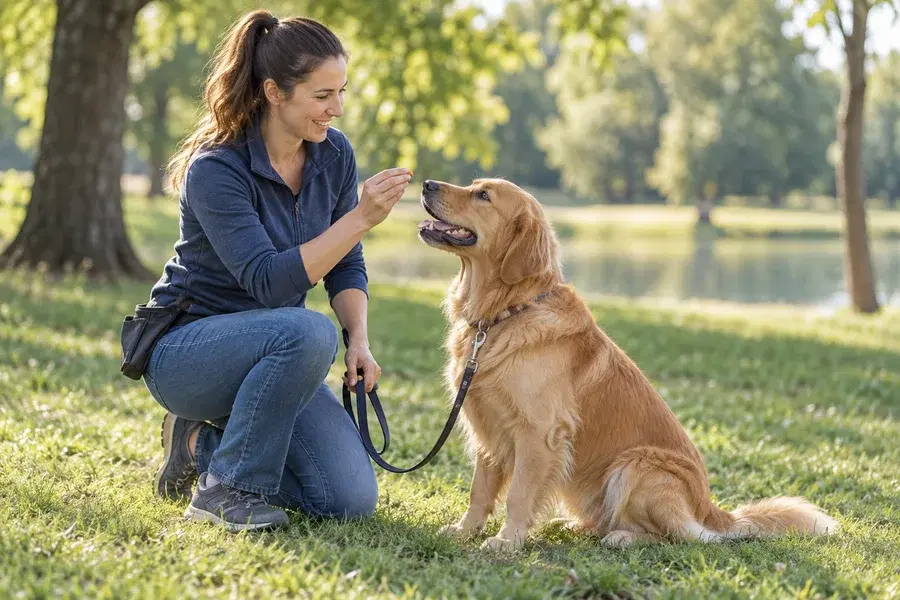 Dog trainer rewarding a golden retriever in a park