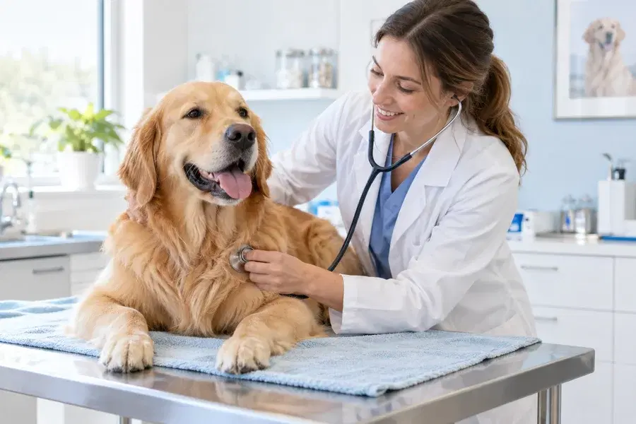Veterinarian examining a golden retriever